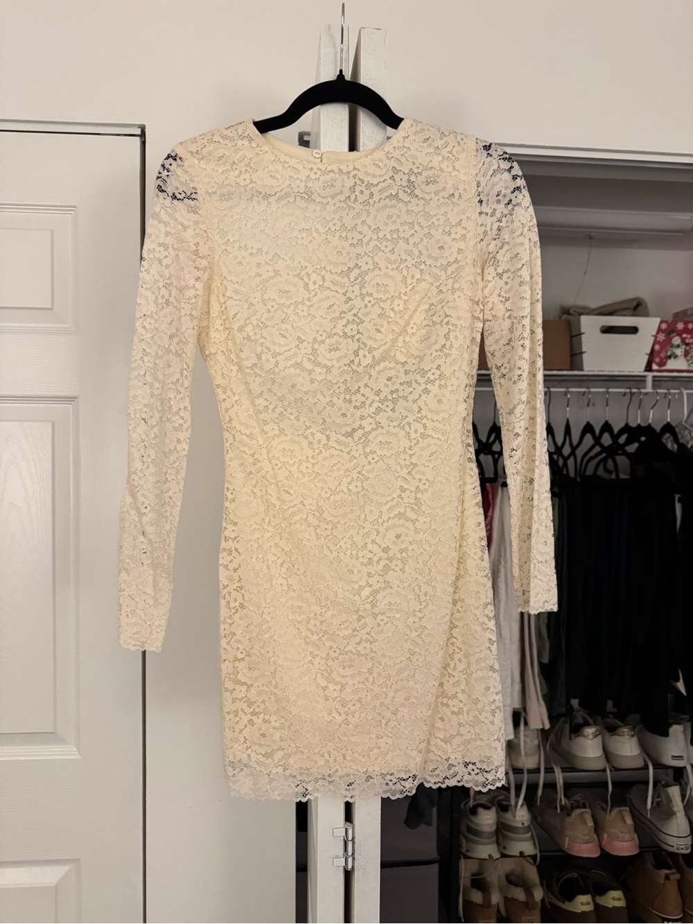 Zara Cream Lace Backless Long-Sleeve Sheath Dress